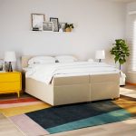Pat box spring cu saltea, crem, 200×200 cm, textil