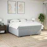 Pat box spring cu saltea, gri deschis, 200×200 cm, textil