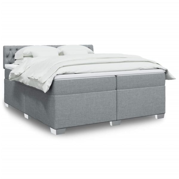 Pat box spring cu saltea, gri deschis, 200×200 cm, textil