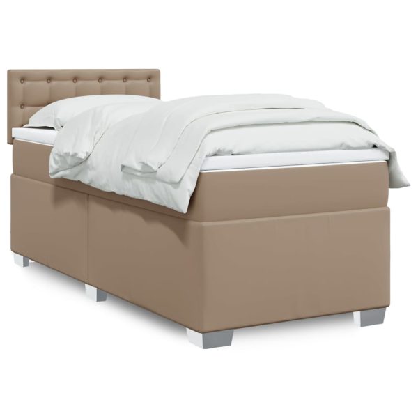 Pat box spring cu saltea, cappuccino, 90×200 cm piele ecologică
