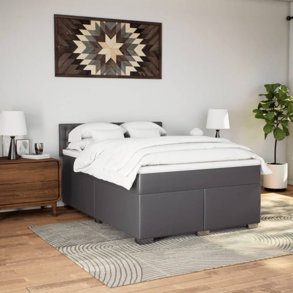 Pat box spring cu saltea, gri, 160×200 cm, piele ecologică