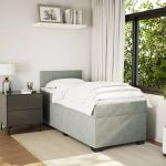 Pat box spring cu saltea, gri deschis, 90×190 cm, catifea