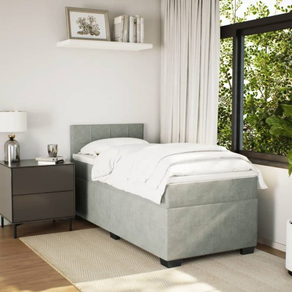 Pat box spring cu saltea, gri deschis, 90×190 cm, catifea
