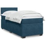 Pat box spring cu saltea, albastru închis, 90×200 cm, catifea