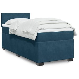 Pat box spring cu saltea, albastru închis, 90×200 cm, catifea