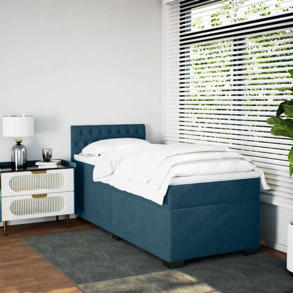Pat box spring cu saltea, albastru închis, 90×200 cm, catifea