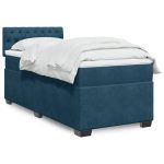 Pat box spring cu saltea, albastru închis, 90×200 cm, catifea