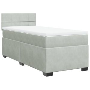 Pat box spring cu saltea, gri deschis, 90×200 cm, catifea