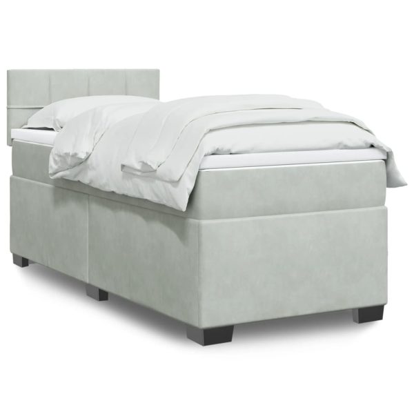 Pat box spring cu saltea, gri deschis, 100×200 cm, catifea