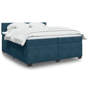 Pat box spring cu saltea, albastru închis, 200×200 cm, catifea