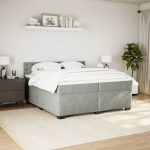 Pat box spring cu saltea, gri deschis, 200×200 cm, catifea