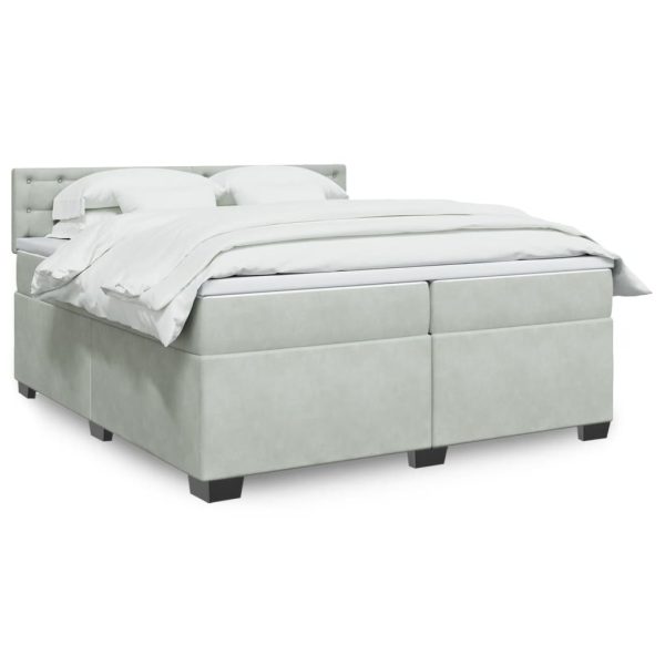 Pat box spring cu saltea, gri deschis, 200×200 cm, catifea