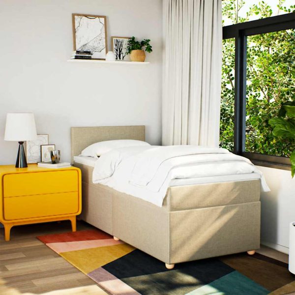 Pat box spring cu saltea, crem, 80×200 cm, textil