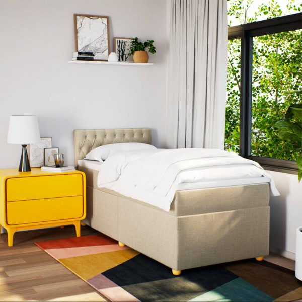 Pat box spring cu saltea, crem, 90×190 cm, textil