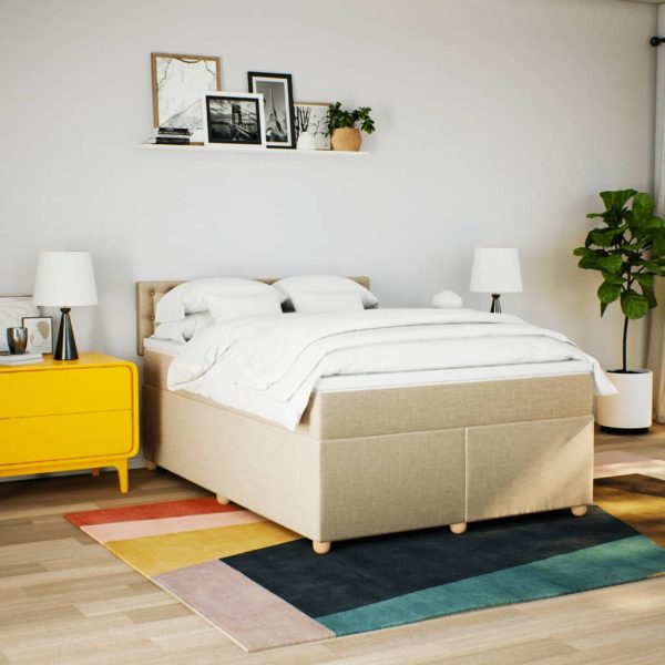 Pat box spring cu saltea, crem, 160×200 cm, material textil