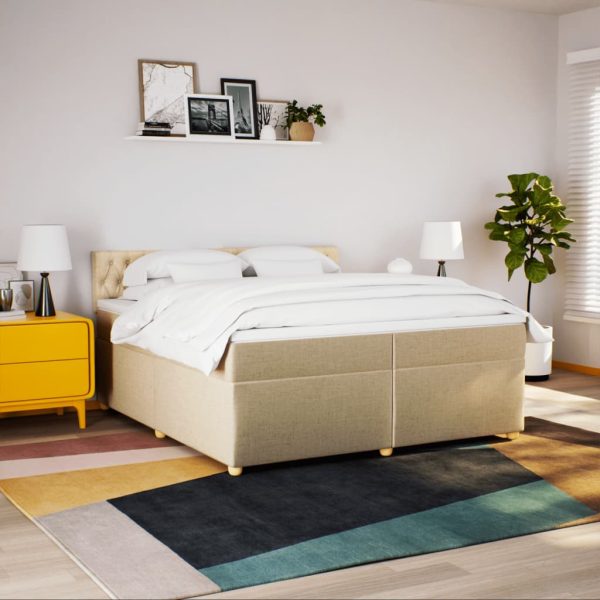 Pat box spring cu saltea, crem, 200×200 cm, textil