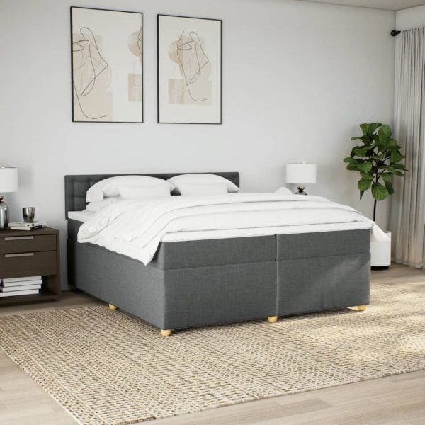 Pat box spring cu saltea, gri închis, 200×200 cm, textil