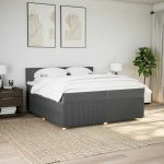 Pat box spring cu saltea, gri închis, 200×200 cm, textil