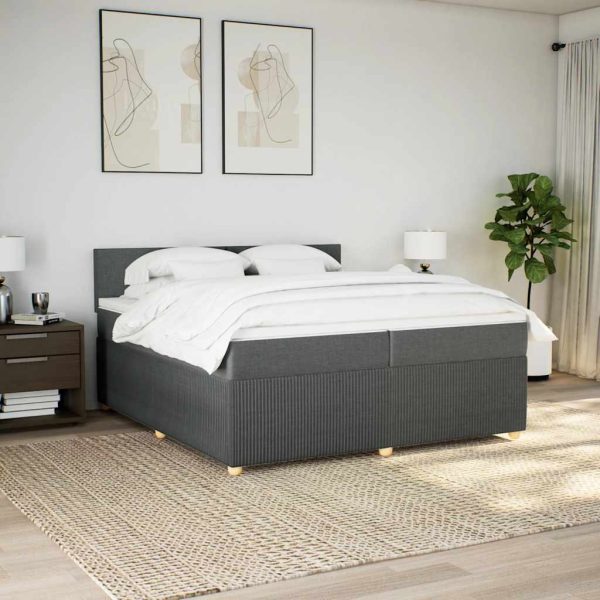 Pat box spring cu saltea, gri închis, 200×200 cm, textil
