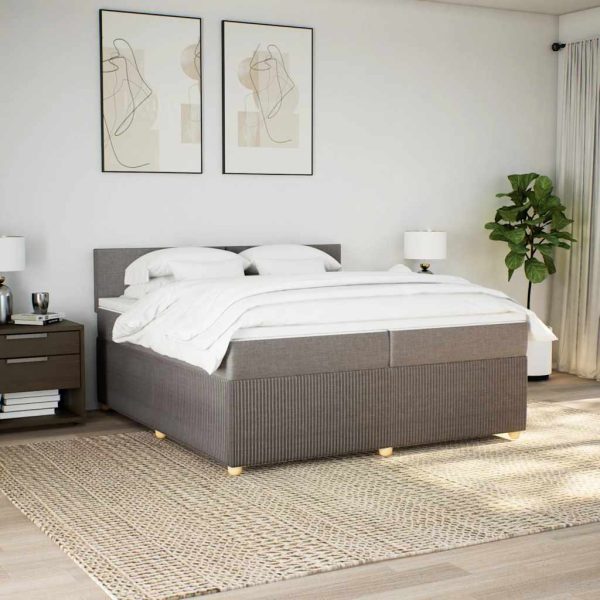 Pat box spring cu saltea, gri taupe, 200×200 cm, textil