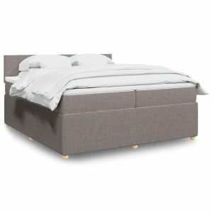 Pat box spring cu saltea, gri taupe, 200×200 cm, textil