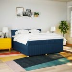 Pat box spring cu saltea, albastru, 200×200 cm, textil