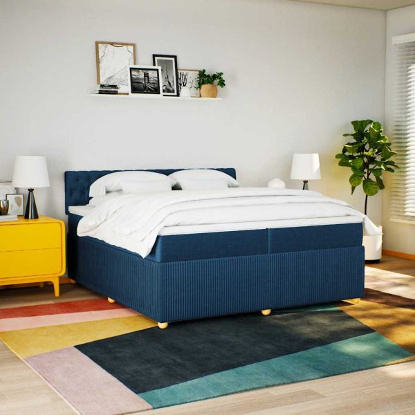 Pat box spring cu saltea, albastru, 200×200 cm, textil