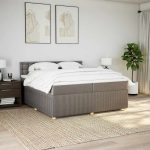 Pat box spring cu saltea, gri taupe, 200×200 cm, textil
