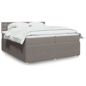 Pat box spring cu saltea, gri taupe, 200×200 cm, textil