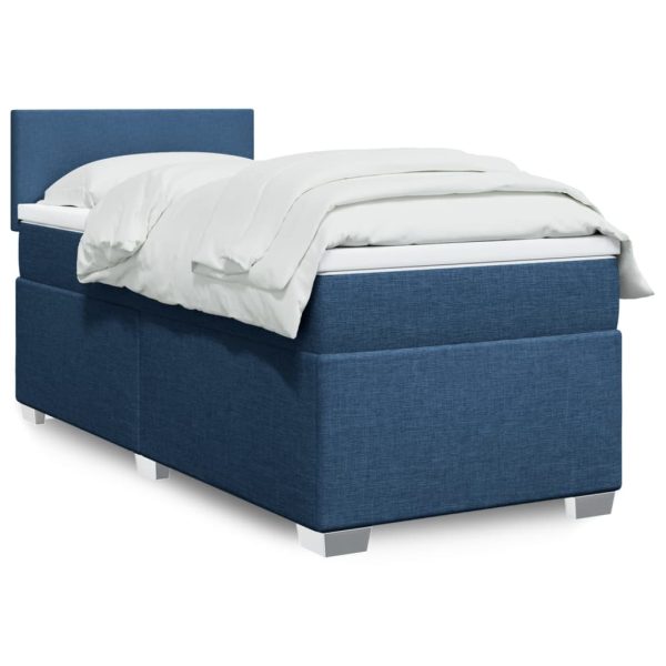 Pat box spring cu saltea, albastru, 90×200 cm, textil