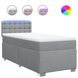 Pat box spring cu saltea, gri deschis, 90×200 cm, textil