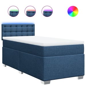 Pat box spring cu saltea, albastru, 90×200 cm, textil