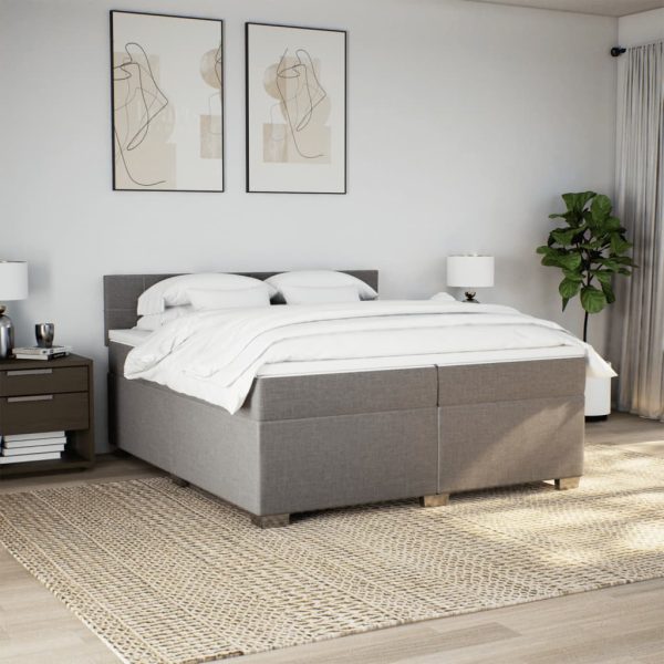 Pat box spring cu saltea, gri taupe, 200×200 cm, textil