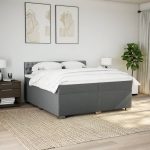 Pat box spring cu saltea, gri închis, 200×200 cm, textil