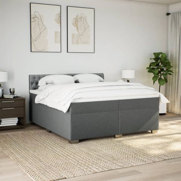 Pat box spring cu saltea, gri închis, 200×200 cm, textil