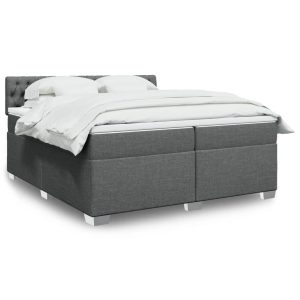 Pat box spring cu saltea, gri închis, 200×200 cm, textil