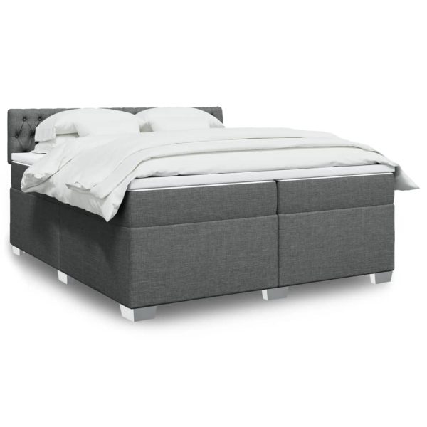Pat box spring cu saltea, gri închis, 200×200 cm, textil