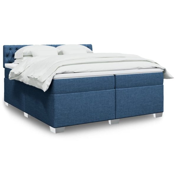 Pat box spring cu saltea, albastru, 200×200 cm, textil