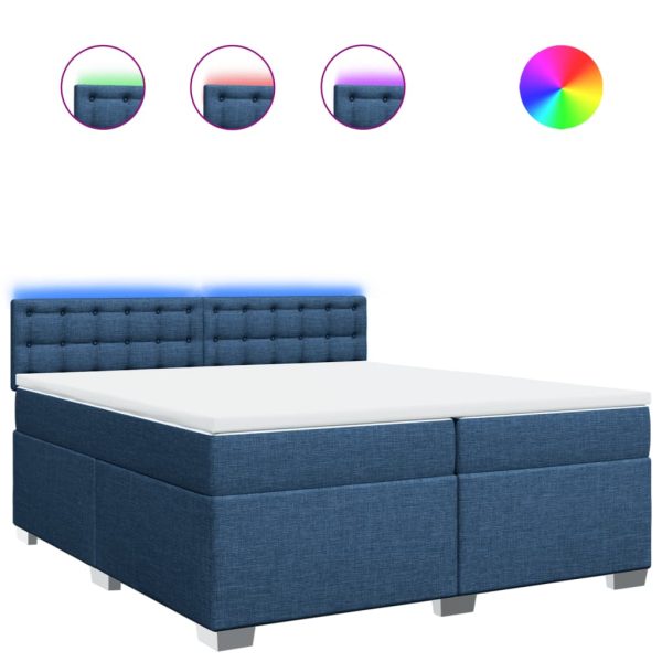 Pat box spring cu saltea, albastru, 200×200 cm, textil