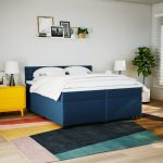 Pat box spring cu saltea, albastru, 200×200 cm, textil