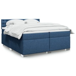 Pat box spring cu saltea, albastru, 200×200 cm, textil