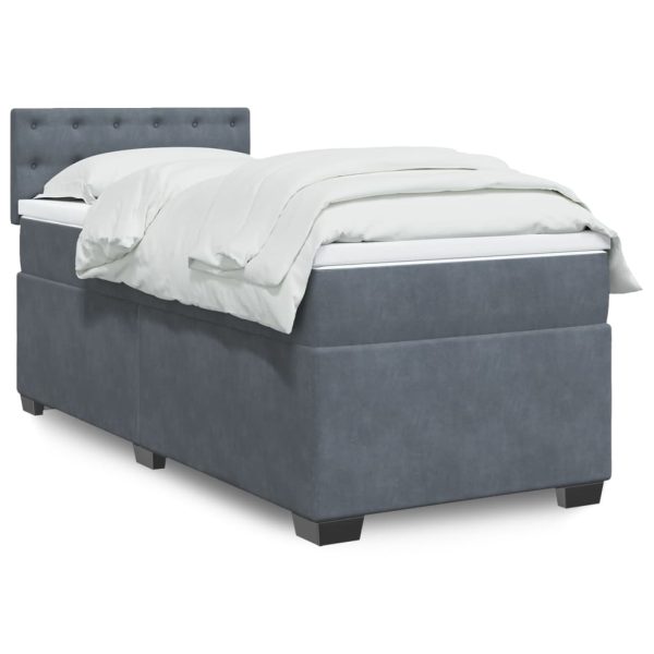 Pat box spring cu saltea, gri închis, 90×190 cm, catifea