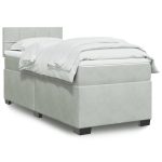 Pat box spring cu saltea, gri deschis, 90×190 cm, catifea