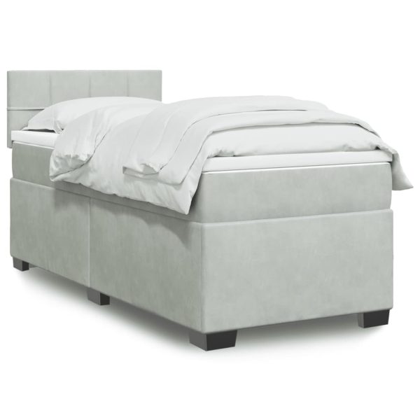 Pat box spring cu saltea, gri deschis, 90×190 cm, catifea