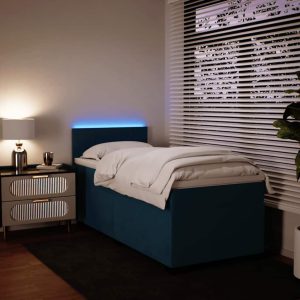 Pat box spring cu saltea, albastru, 90×190 cm, catifea