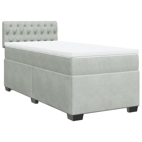 Pat box spring cu saltea, gri deschis, 90×200 cm, catifea