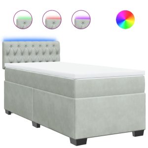 Pat box spring cu saltea, gri deschis, 100×200 cm, catifea