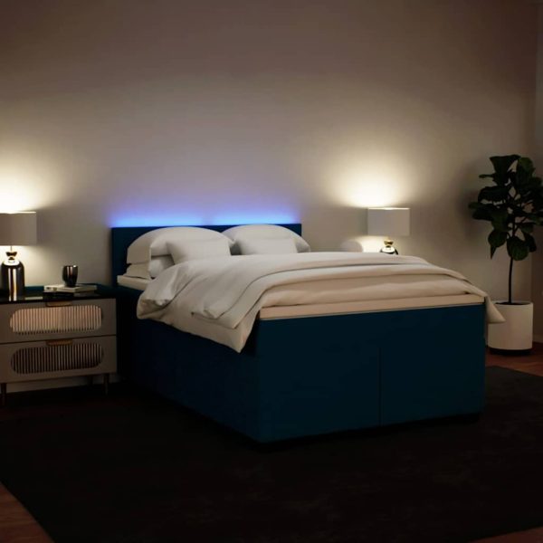 Pat box spring cu saltea, albastru, 140×190 cm, catifea