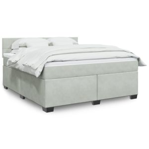 Pat box spring cu saltea, gri deschis, 180×200 cm, catifea