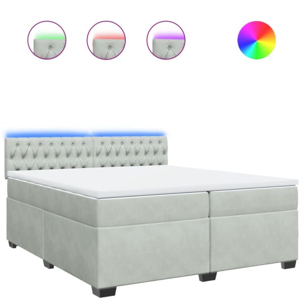 Pat box spring cu saltea, gri deschis, 200×200 cm, catifea